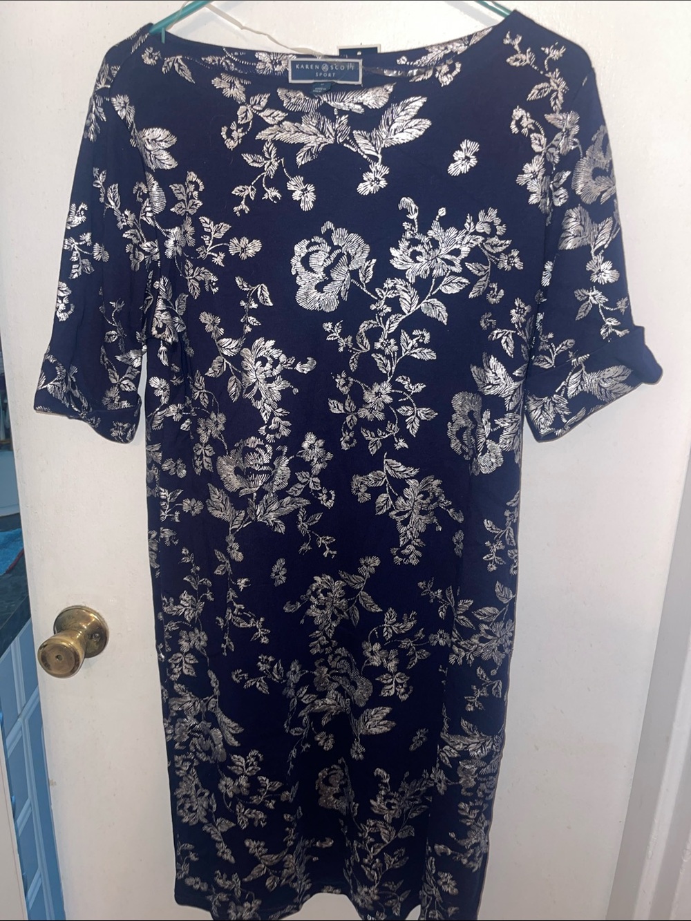 Karen Scott Sport Navy Floral Shift Midi Dress